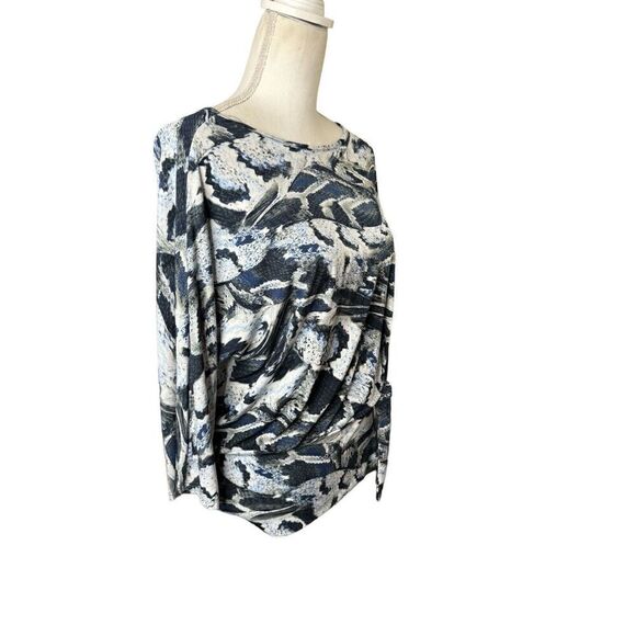 Clara Sun Woo Top Large Blue White Gray 3/4 Sleeve Stretch Knit Boxy Front Tie M - Picture 3 of 5